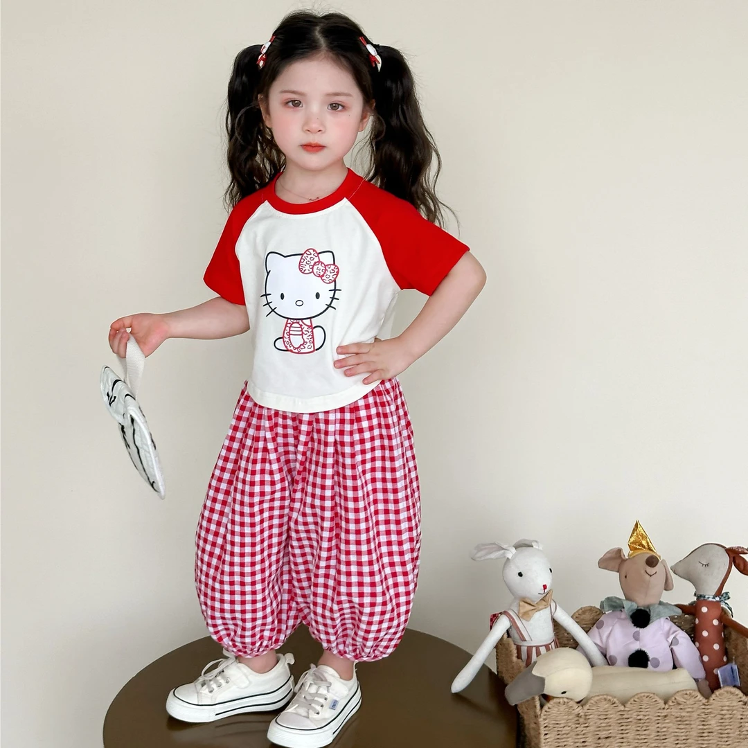 女童夏装短袖套装2025新款儿童洋气时髦宝宝夏季休闲格子裤两件套