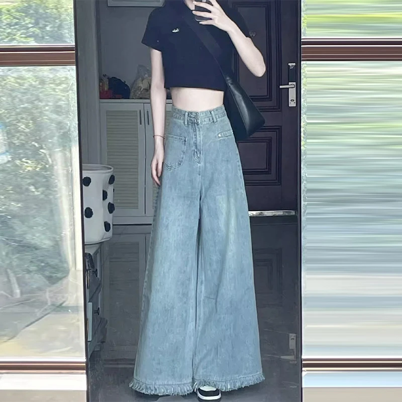 大码女生梨型身材高腰显瘦宽松直筒垂感拖地阔腿牛仔裤适合微胖mm