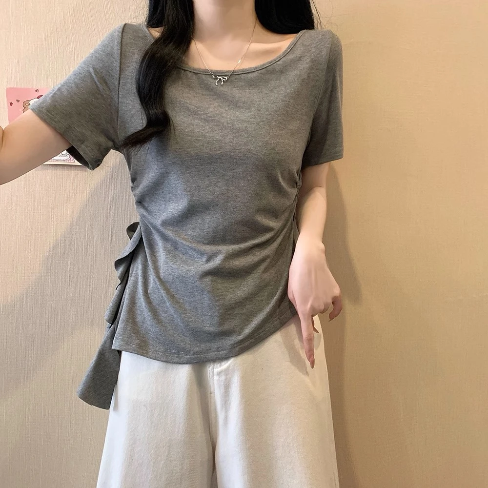 大码女装2025夏季新款荷叶边抽绳短袖T恤上衣显瘦百搭不规则开叉