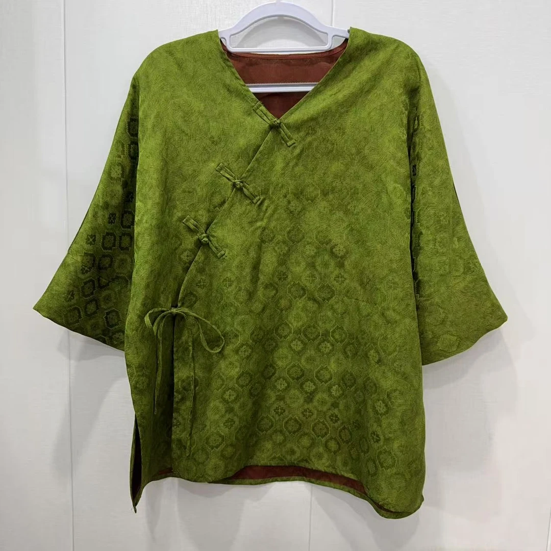 绿宝全萝！V领毛衫！100桑蚕丝香云纱斜襟盘扣短袖上衣