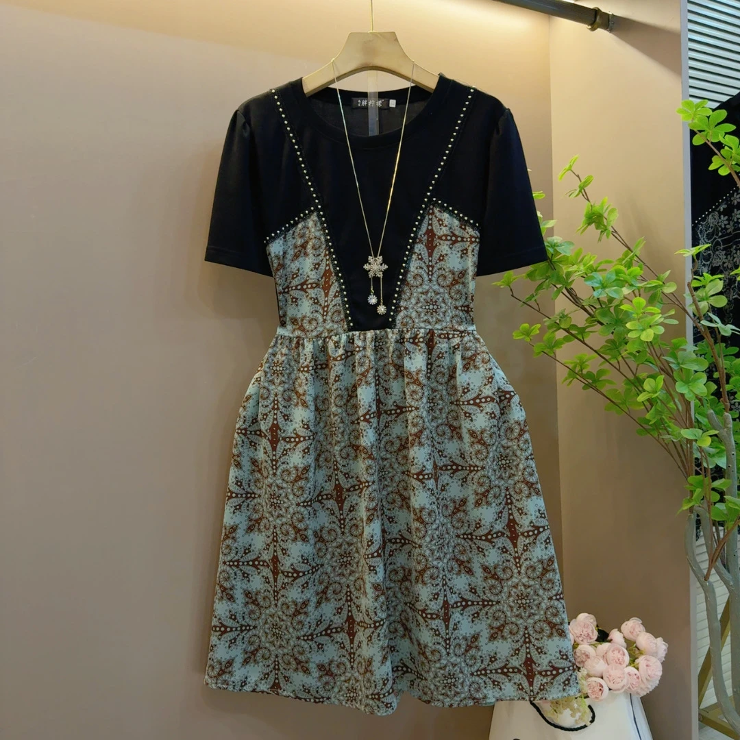 时尚欧货夏季新款拼接重工设计感休闲气质搭连衣裙（长93左右）