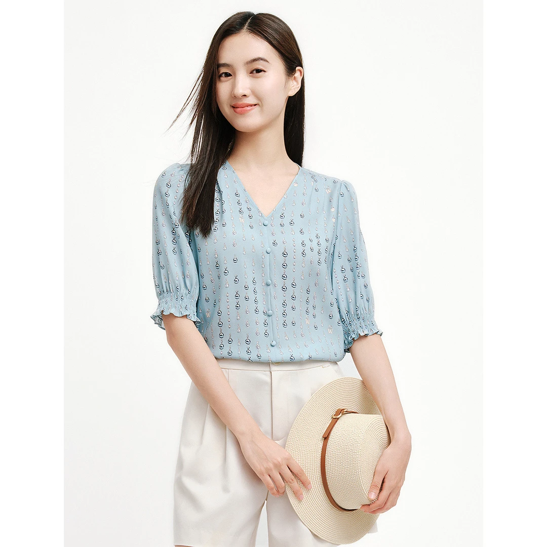【安雅专属】【桑蚕丝】V领印花衬衫上衣女ED01473E1 ED01449K1