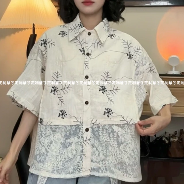 HZ “金枝玉叶”夏季新款重工刺绣拼接蕾丝花边小众文艺感短袖衬衫