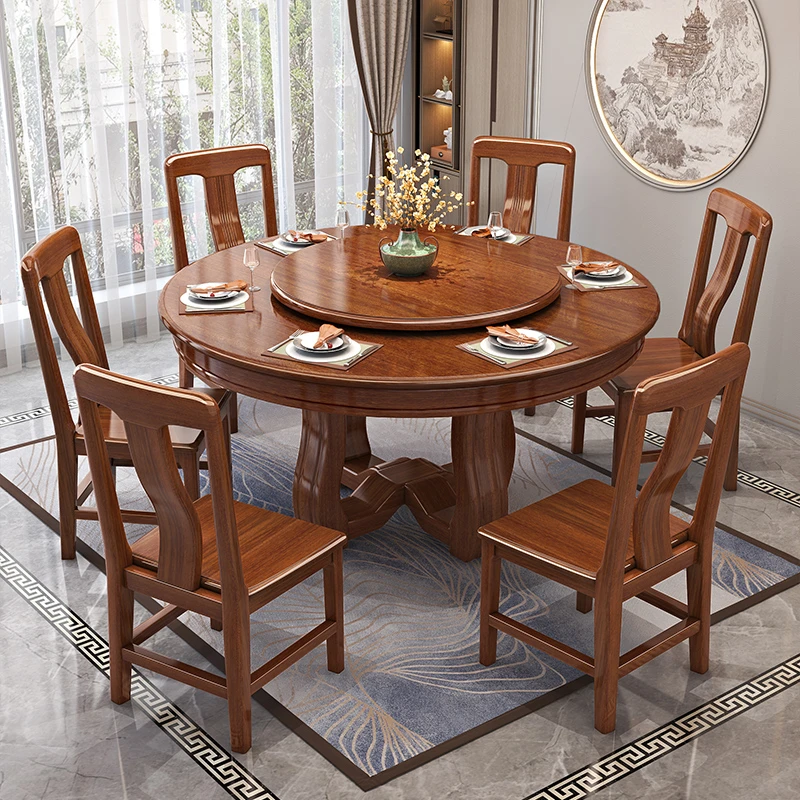 新中式圆形胡桃木实木餐桌简约家用带转盘饭店桌子大圆桌饭桌子