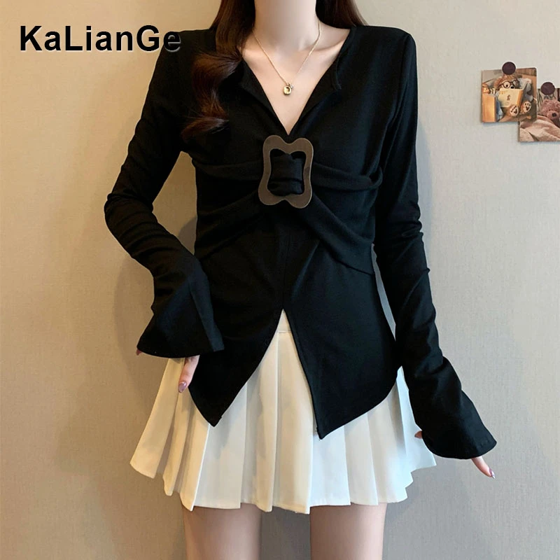 卡莲格/扭结扣修身时尚气质洋气T恤女早秋新款设计感胖mm显瘦上衣