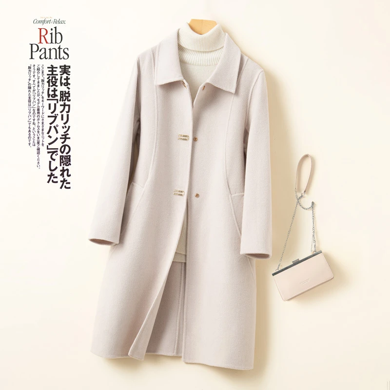 薄款双面羊绒大衣女娃娃领修身毛呢中长款时尚外套白色大码赫本风