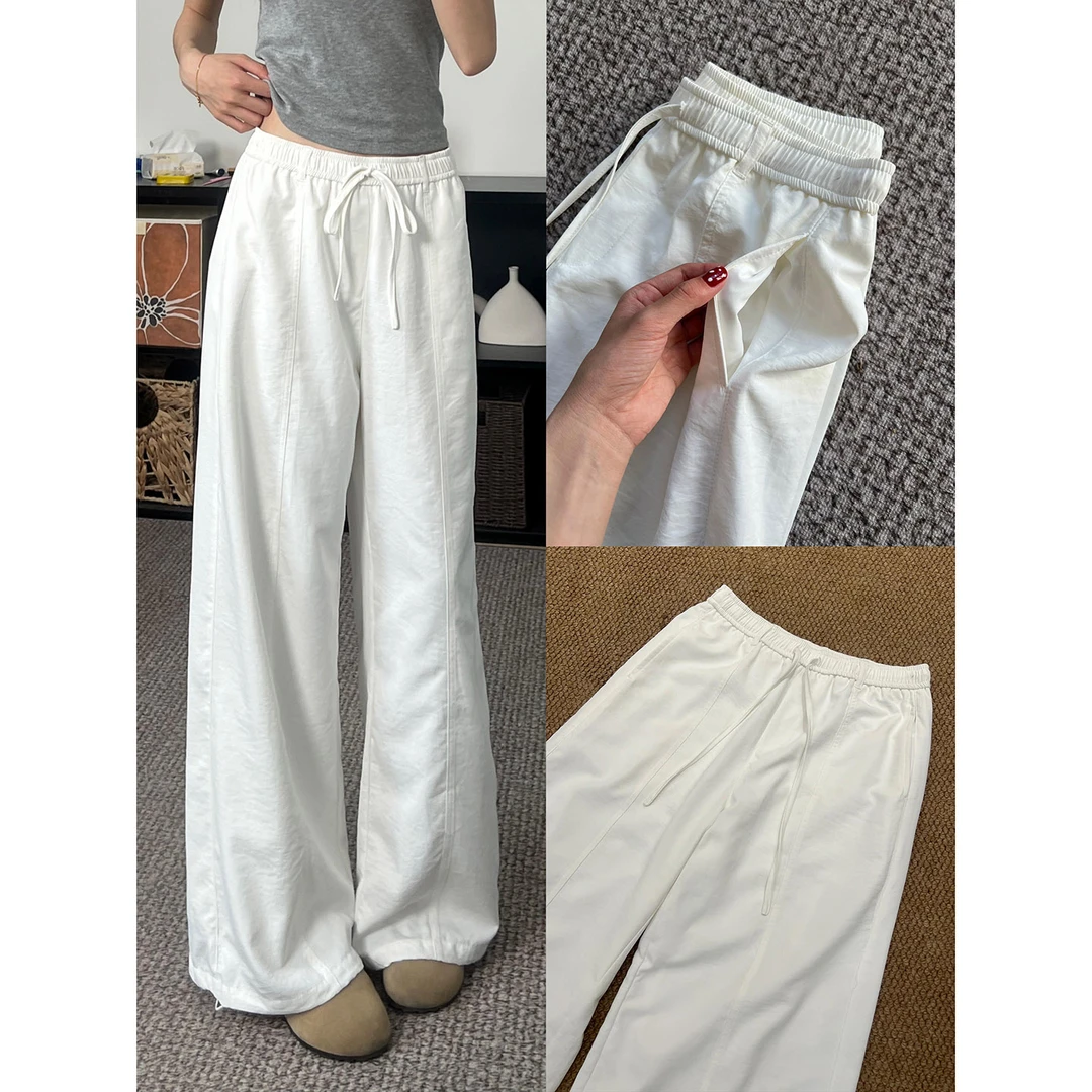 小个子145白色速干工装女春秋设计感宽松休闲中线显瘦运动阔腿裤