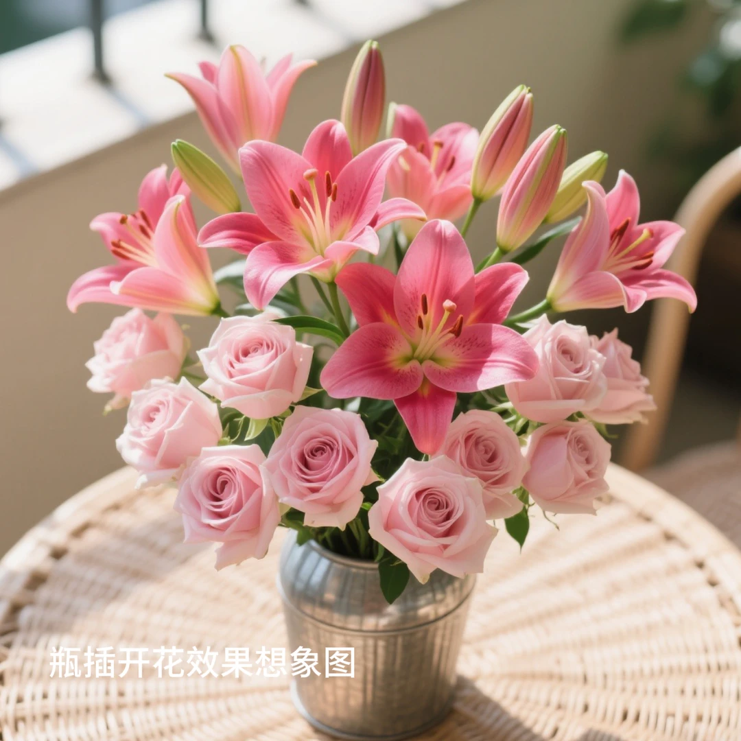【少女心组合】布林迪西粉红雪山玫瑰百合鲜花家庭插花1单顺丰包邮