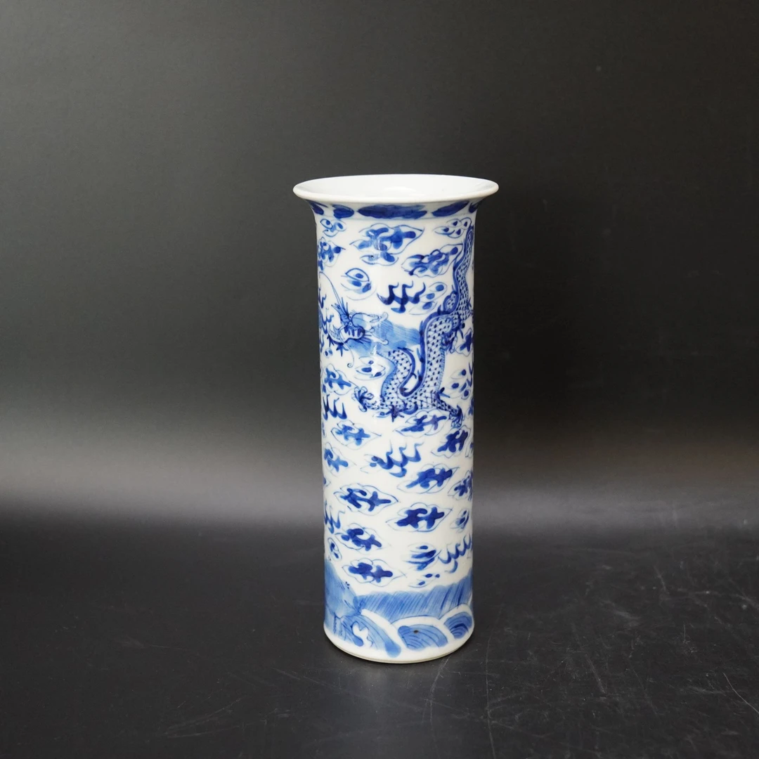 Lot.25091246清光绪青花双龙戏珠纹花插 高：约20.6cm