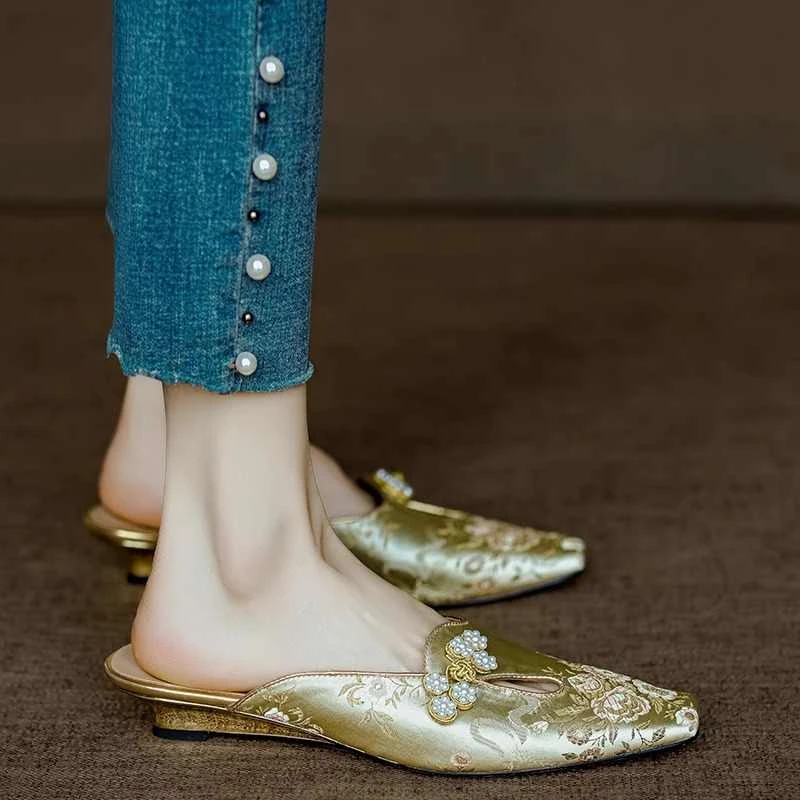 潮牌手工制作国风新中式盘扣花纹包头半拖鞋女夏季外穿低跟穆勒鞋