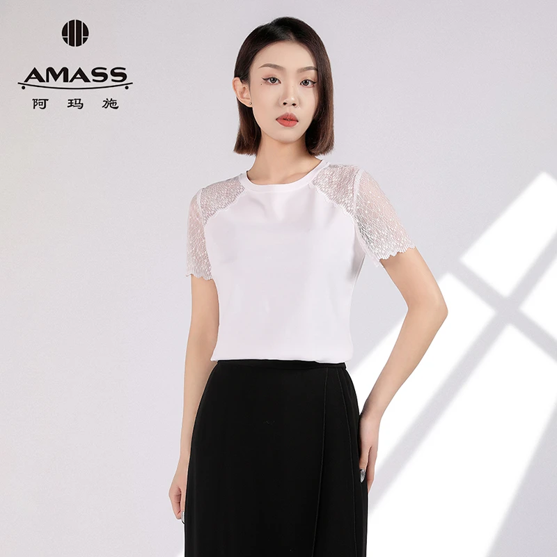 阿玛施AMASS新款女装质感百搭极简风蕾丝薄款短袖圆领T恤5301053