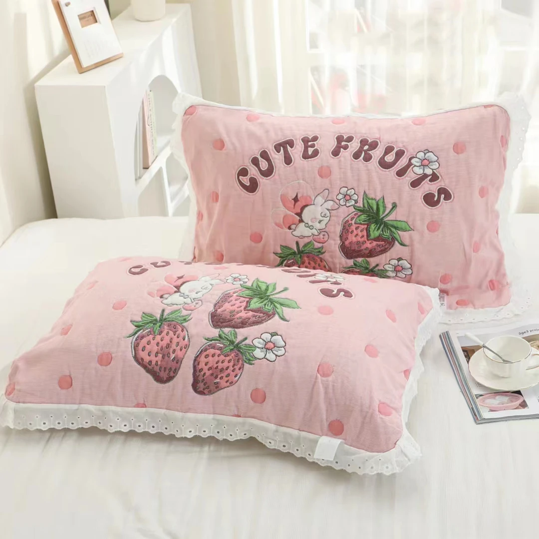 【草莓兔】枕巾52×78泡芙纱布枕巾一对装成人卡通柔软