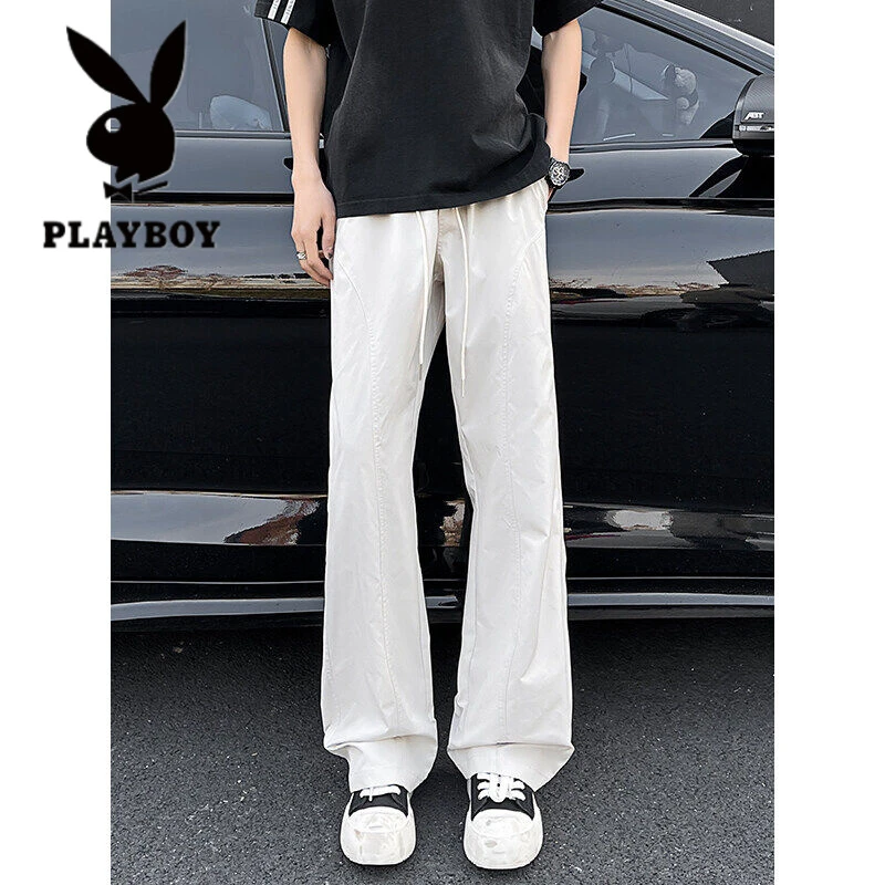 花花公子春夏百搭黑色休闲裤男美式斜切显瘦显高cleanfit微喇长裤