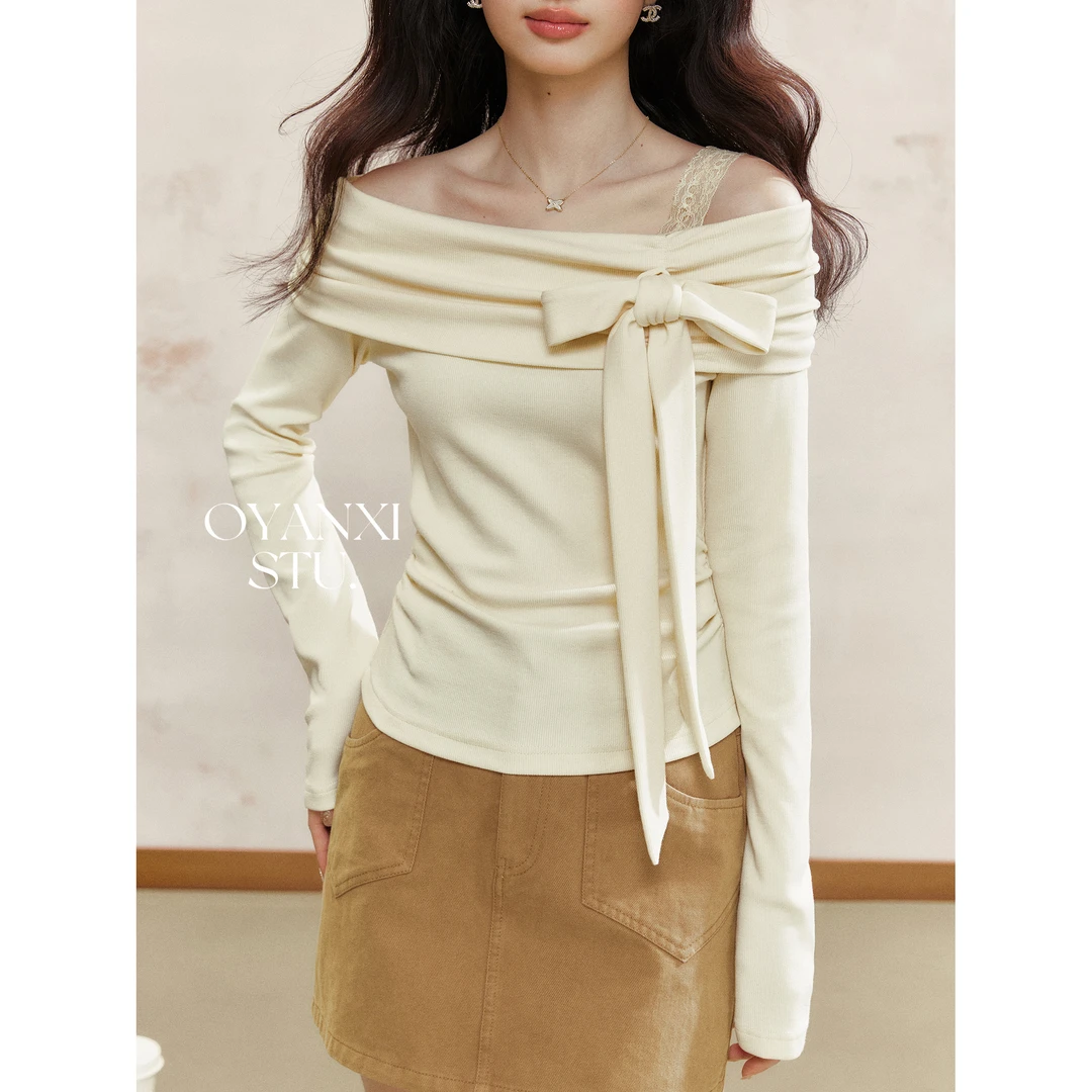 【OYANXI！清！】蕾丝日落法式甜美一字肩上衣春季气质百搭显瘦T恤