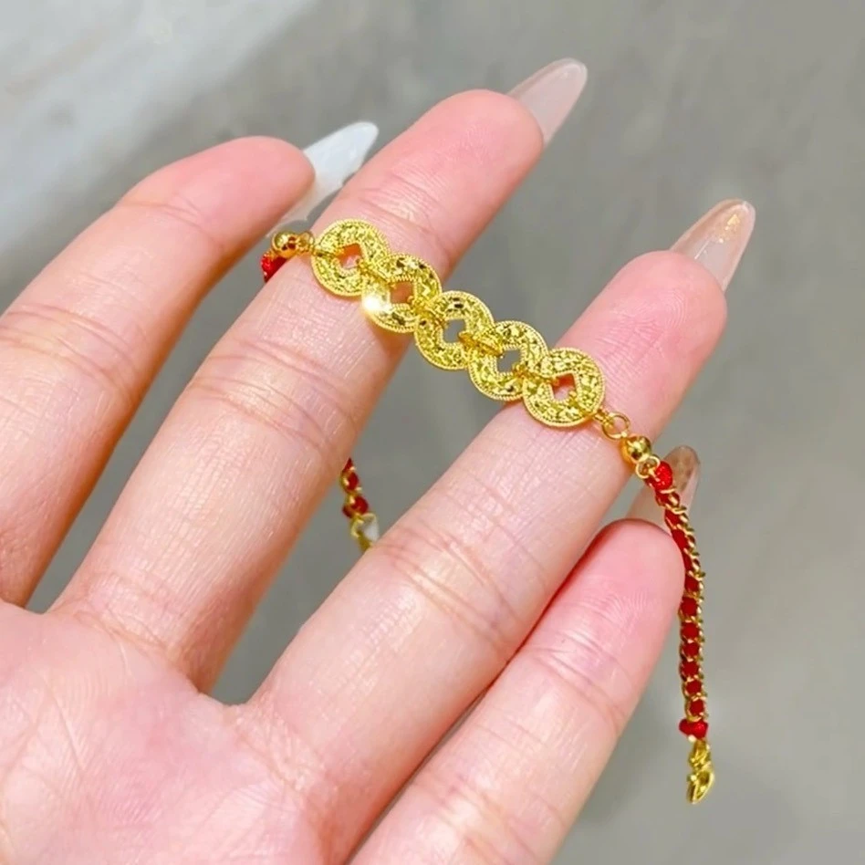 合金手链 新中式碎碎冰五帝钱红绳手链超闪轻奢小众精致编织手绳