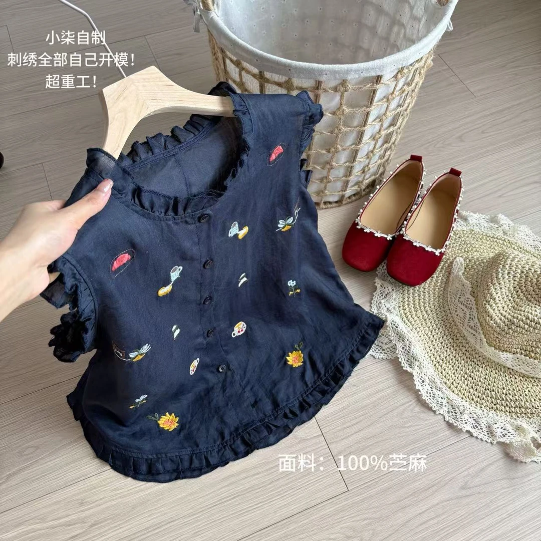 小柒家A0361-夏季重工童趣刺绣文艺显瘦木耳花边背心