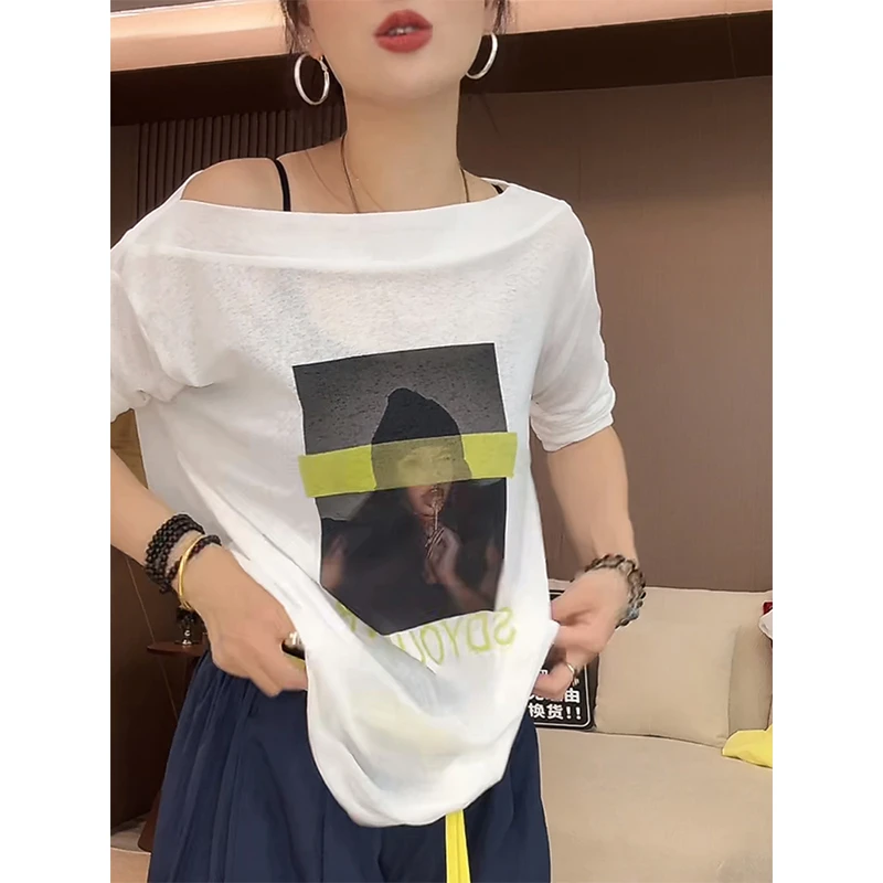 【糖果女孩】美式斜领印花长袖T恤女夏薄款设计感小众套头防晒上衣