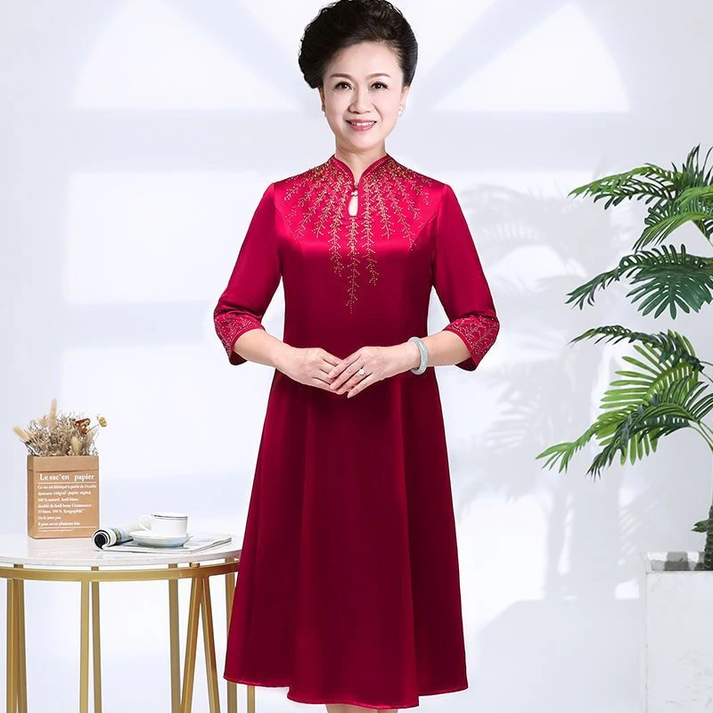 中老年女装春季妈妈礼服改良版旗袍领连衣裙婆婆婚礼中长款婚宴服
