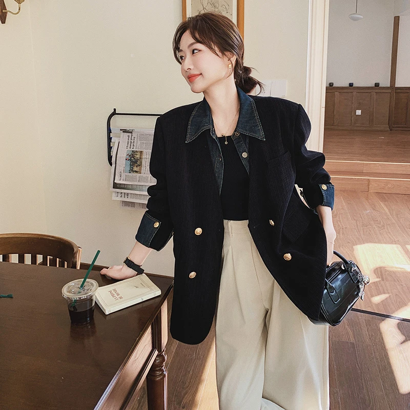 假两件牛仔拼接灯芯绒西装外套女2025春季新款高级感炸街气质西服