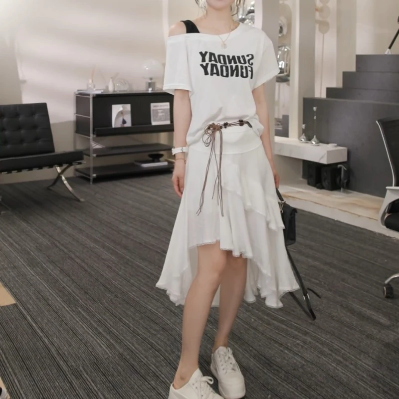 【云裳叠雪】2025新款百搭T恤+休闲气质半身裙半裙套装LK2503629