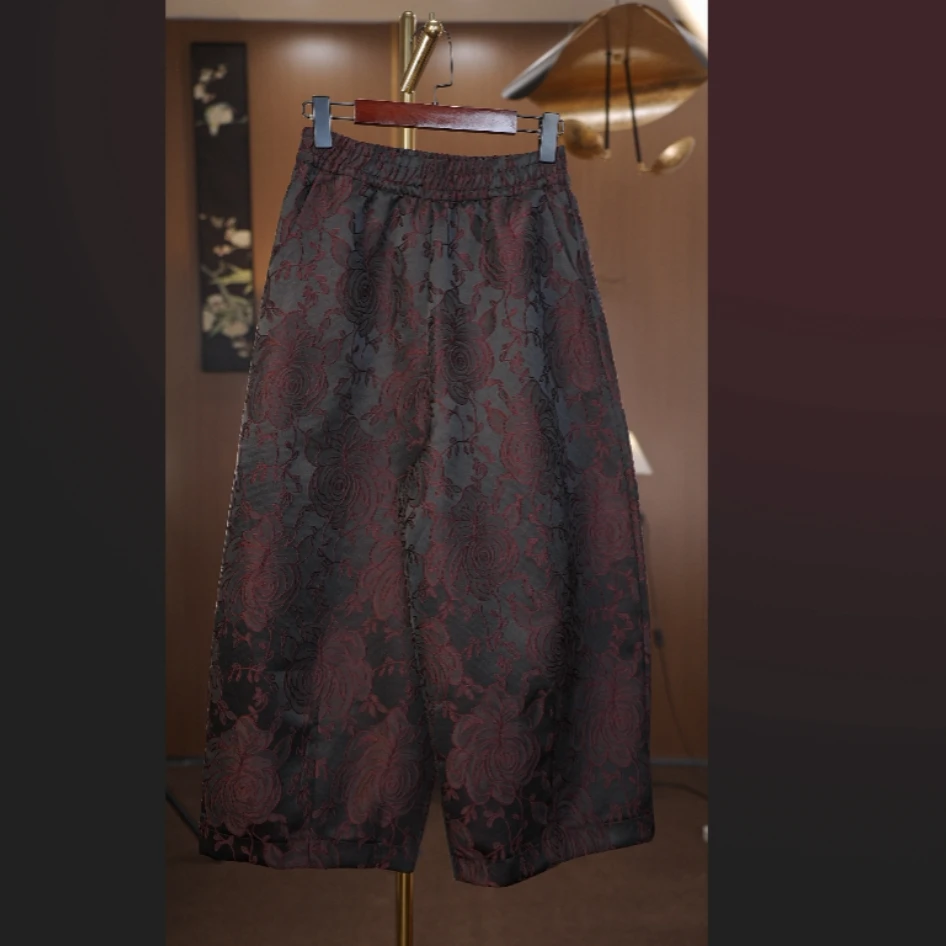 简·厚款浮雕提花阔腿裤女秋冬季加绒大码九分休闲裤优雅中国风