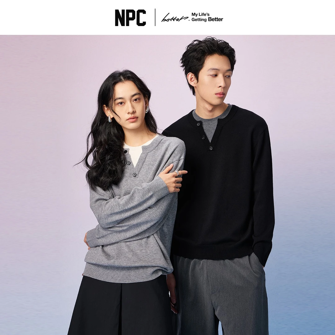NPC潮牌假两件针织拼接宽松毛衣针织衫圆领套头舒适休闲NP58SW01