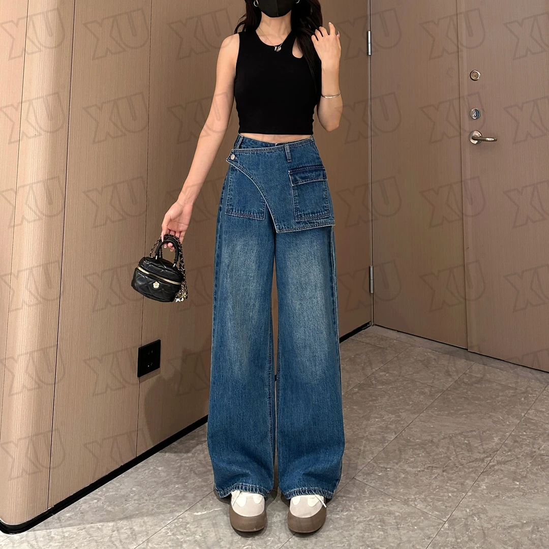 拼接假两件屁帘牛仔裤女2025新款秋季高腰显瘦阔腿裤宽松百搭长裤
