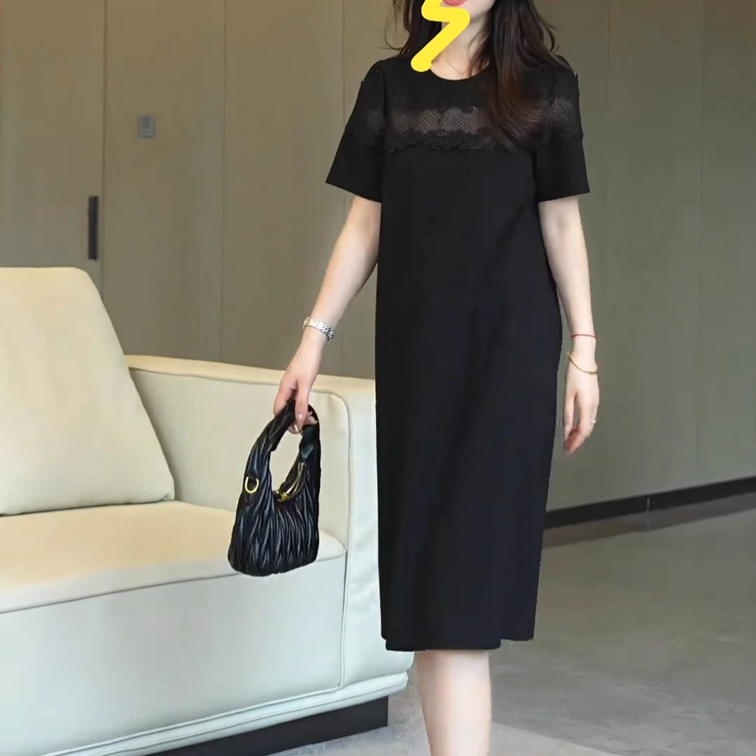 大码夏季新款宽松简约气质连衣裙胖mm显瘦高级感法式拼接T恤裙子