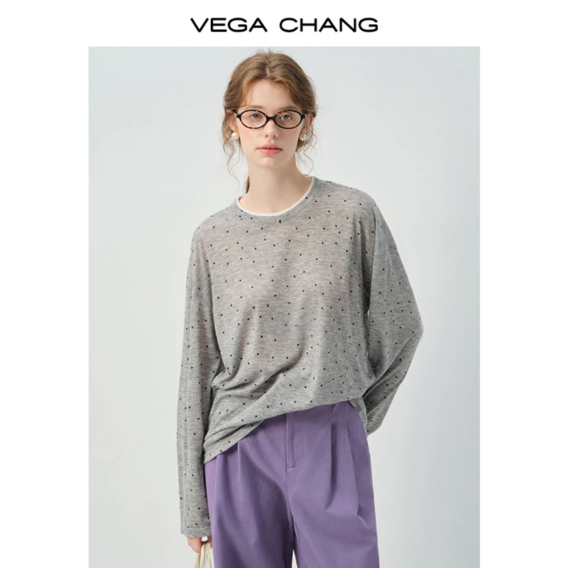 VEGA CHANG长袖T恤女2025新款秋季波点设计宽松长袖上衣0079XT