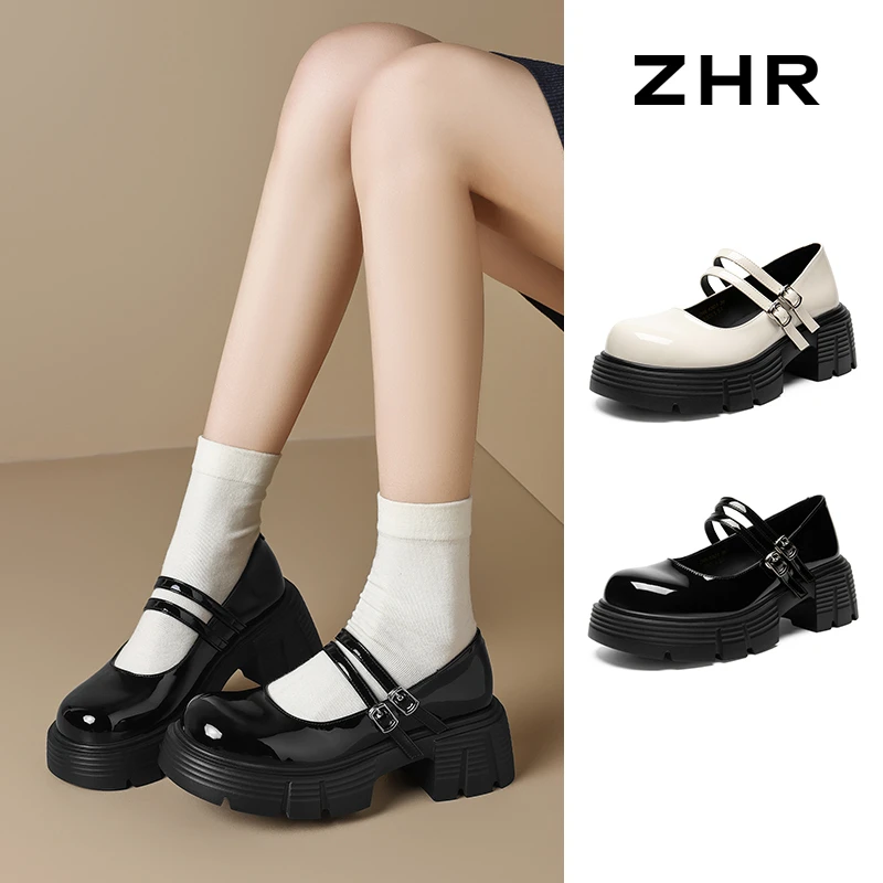 ZHR则则甜美镜面玛丽珍鞋圆头厚底粗跟单鞋女鞋KN31