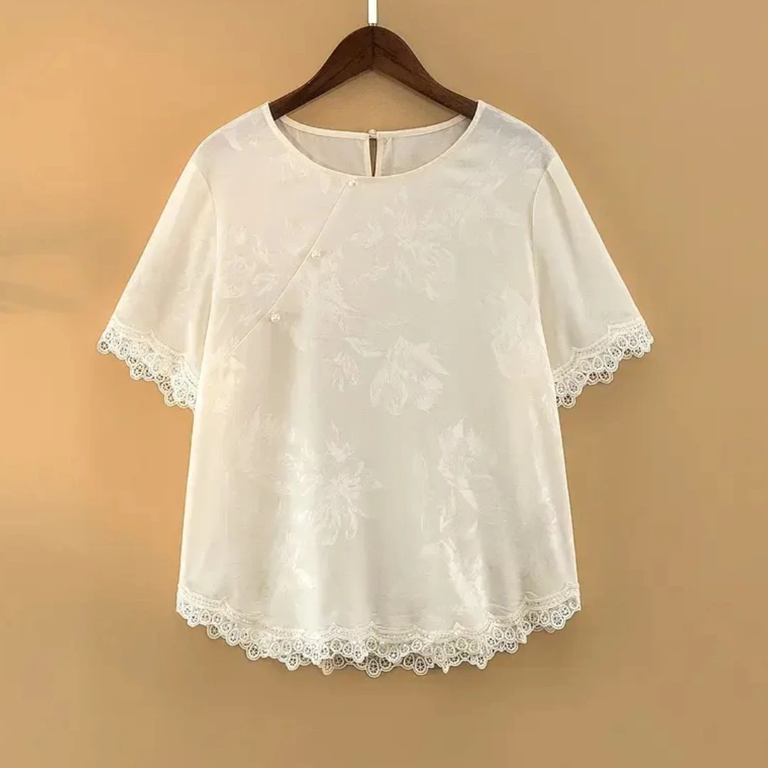 2266国潮中式复古提花蕾丝亮片圆领短款气质短袖小衫T恤白色鲁