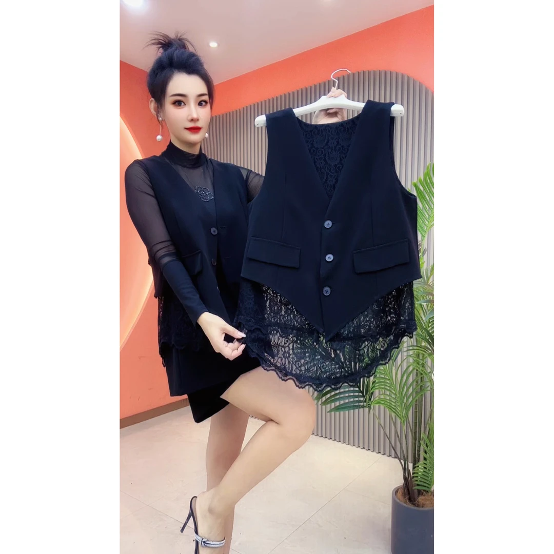 6601女士百搭秋季新款无袖外套拼接时尚洋气款蕾丝马甲