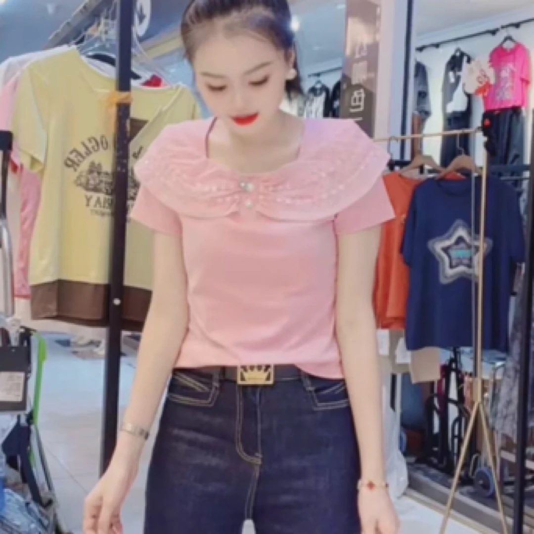 2525#【衣长53】拼接常规款吸汗T恤时尚洋气显瘦海妖风上衣