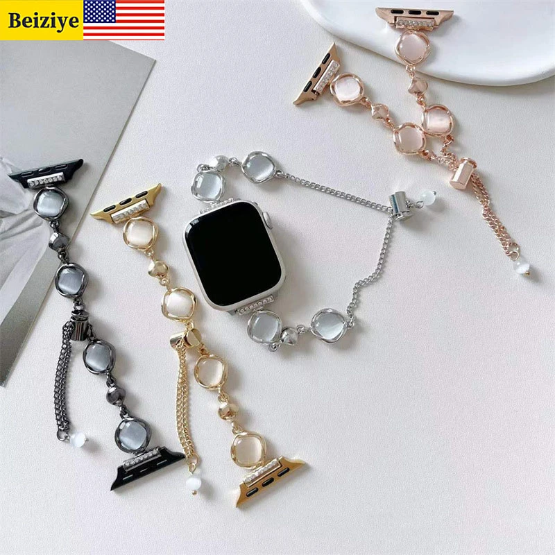 适用s10/s11苹果手表带猫眼链条女ultra2金属夏s8s9透气手表表带