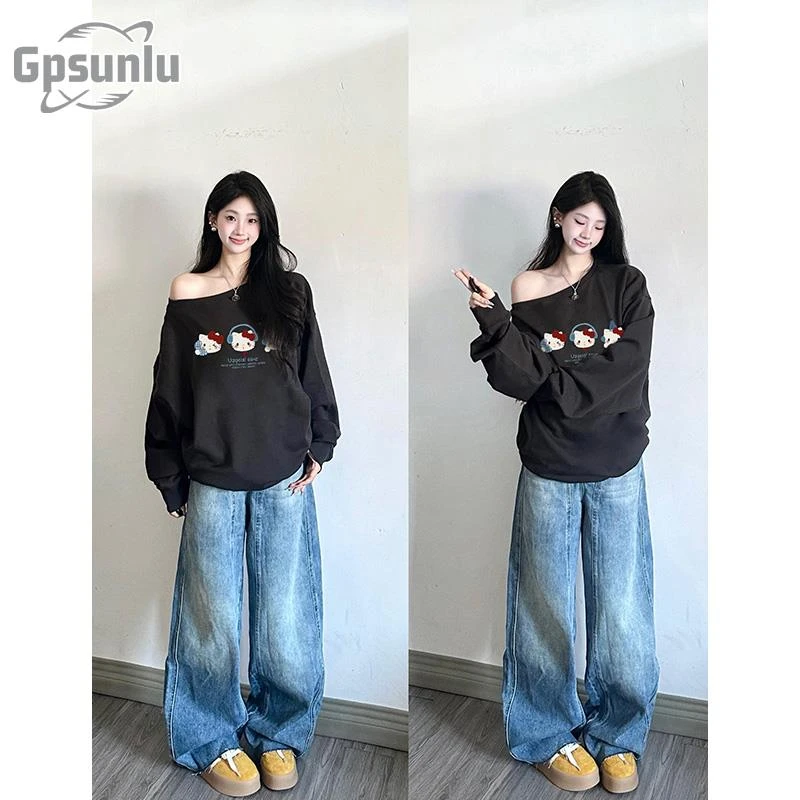 gpsunlu韩系甜酷风斜领露肩宽松卫衣女秋季新款黑色覆古慵懒上衣