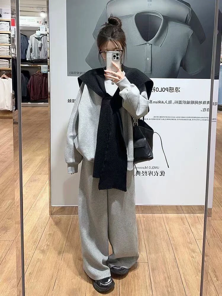 「小吴家」松弛感慵懒风入秋穿搭一整套休闲套装女卫衣披肩阔腿裤