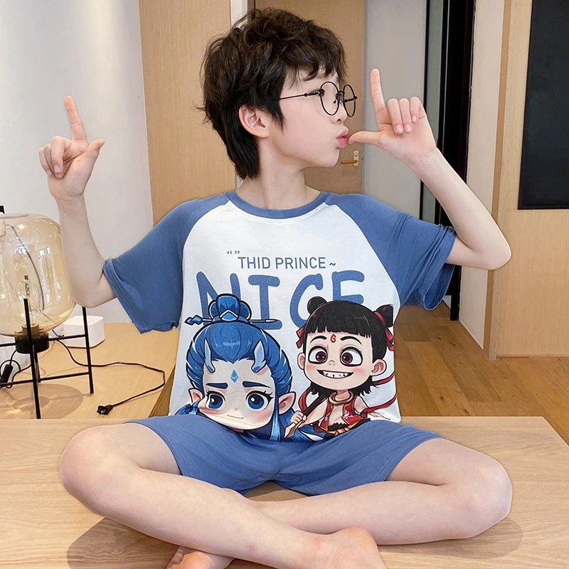 儿童睡衣薄款夏季莫代尔双短套装小男孩中大童卡通宝宝家居服短袖