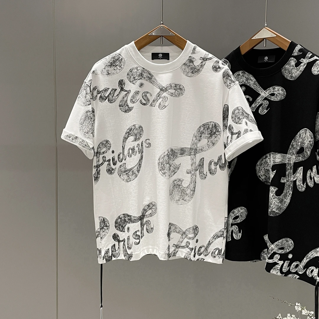 夏季男士度假风创意大字母满身印花T恤高街潮牌斜纹质感休闲短袖t