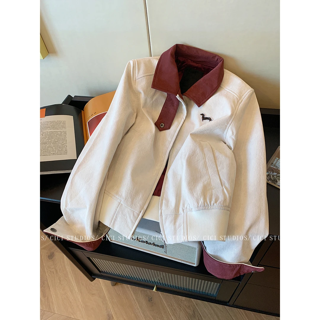 美式撞色翻领皮夹克短外套女秋季2025新款高端设计感休闲显瘦上衣