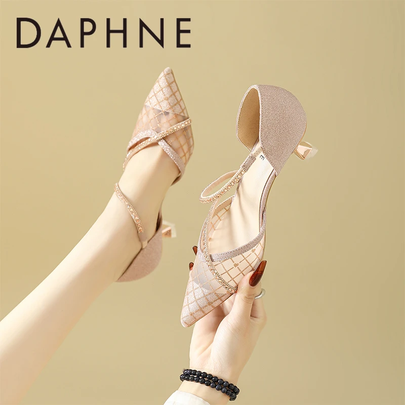 达芙妮包头凉鞋女款2025新款爆款不累脚气质配裙子网纱网面高跟鞋