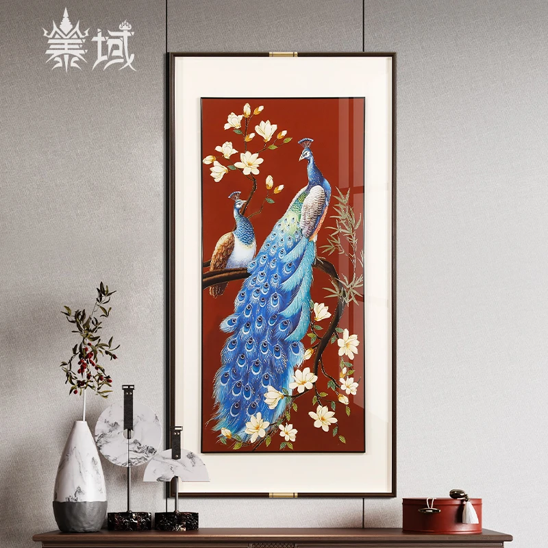 泰域《孔雀》手工烫金 入门玄关壁画 家居书房茶室墙上挂画B2-176