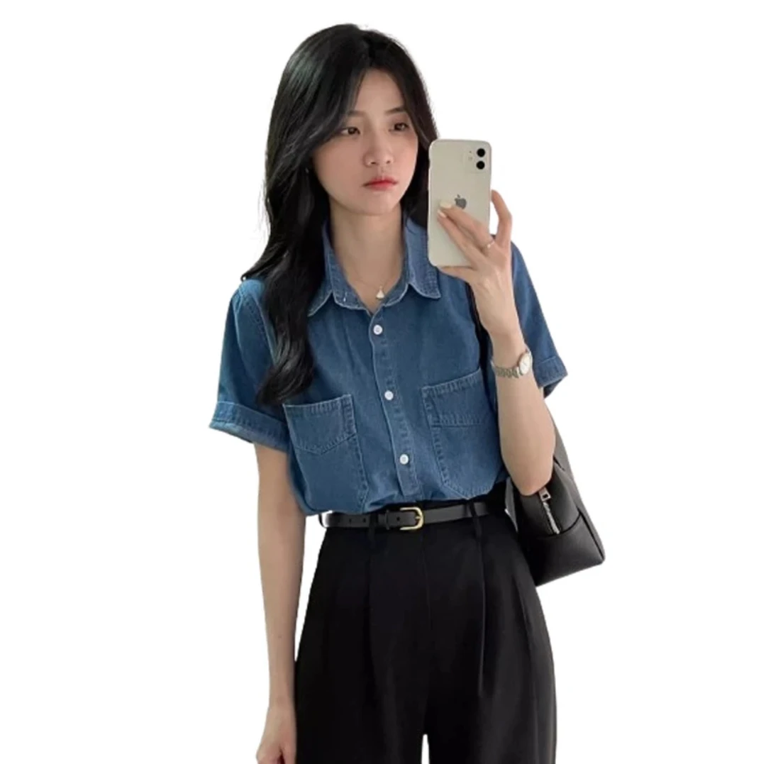 夏季薄款垂凉感宽松短袖莱赛尔天丝牛仔衬衫女大码冰丝上衣胖MM新