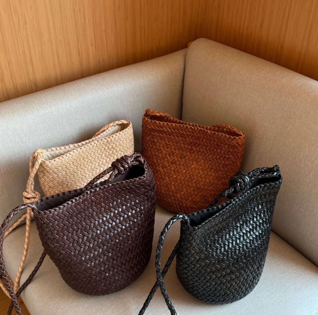 小众原创设计法式头层牛皮手工编织水桶包女真皮单肩斜挎包