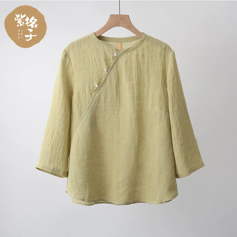 复古新中式斜襟七分袖汉麻衬衫女夏季新款麻料上衣时尚高级感小衫