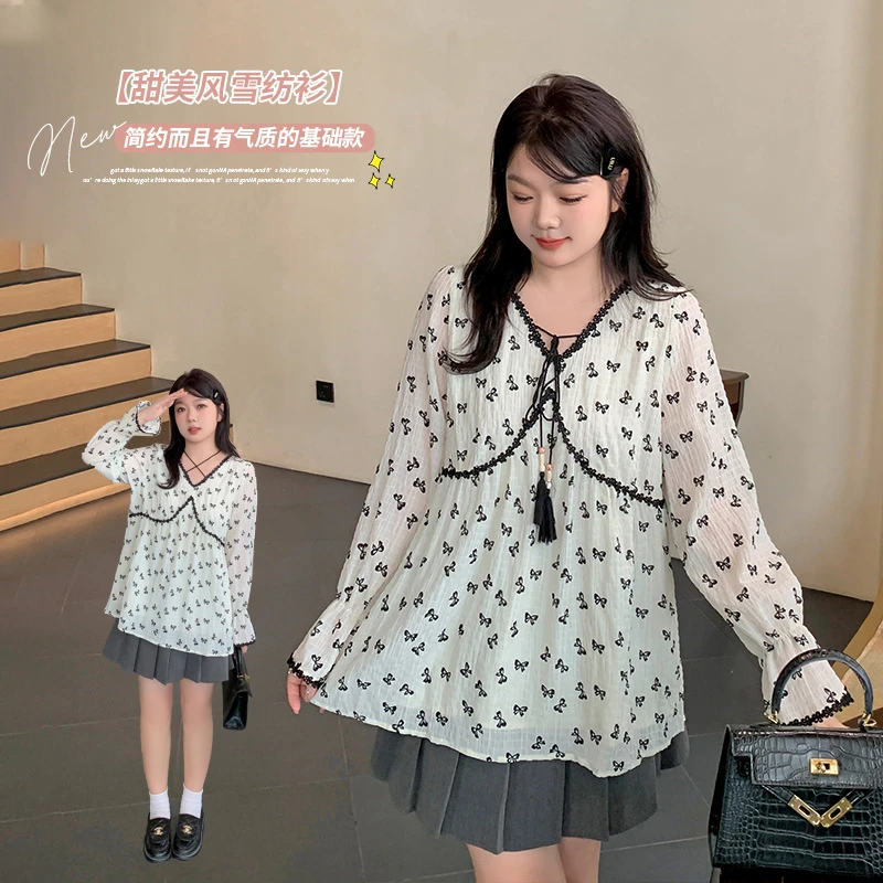 大码女装系带甜美雪纺衫秋季新款蝴蝶结印花上衣