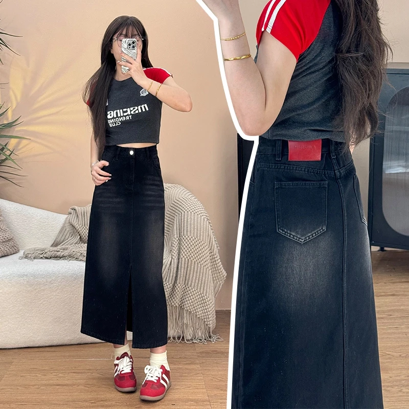 大码胖mm夏季凉感高腰宽松显瘦半身开叉a字梨形遮胯中长款牛仔裙