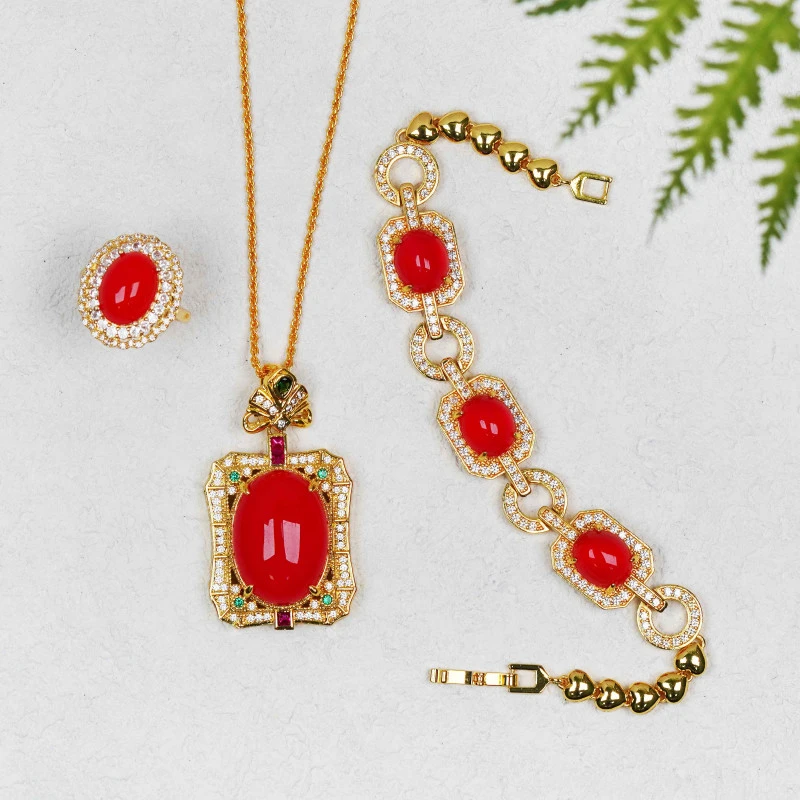 玉石 三件套06 红玛瑙三件套 吊坠 手链 戒指 经典百搭