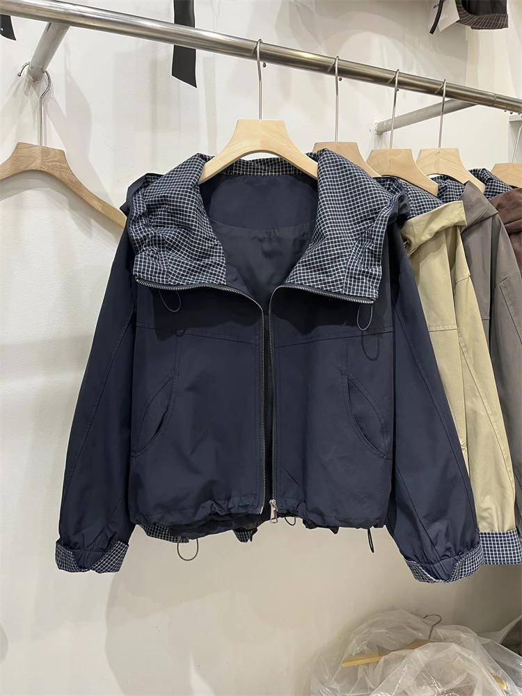 1045秋季新款宽松短款外套女欧货高端休闲棒球服小个子连帽冲锋衣