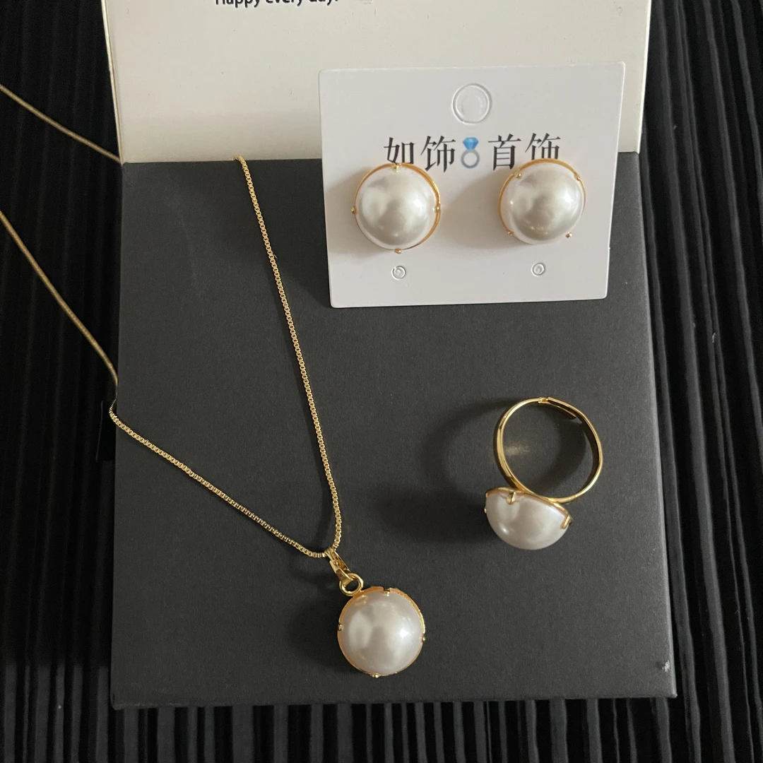 铜项链 如饰 圆形仿珍珠三件套套装时尚百搭白色气质