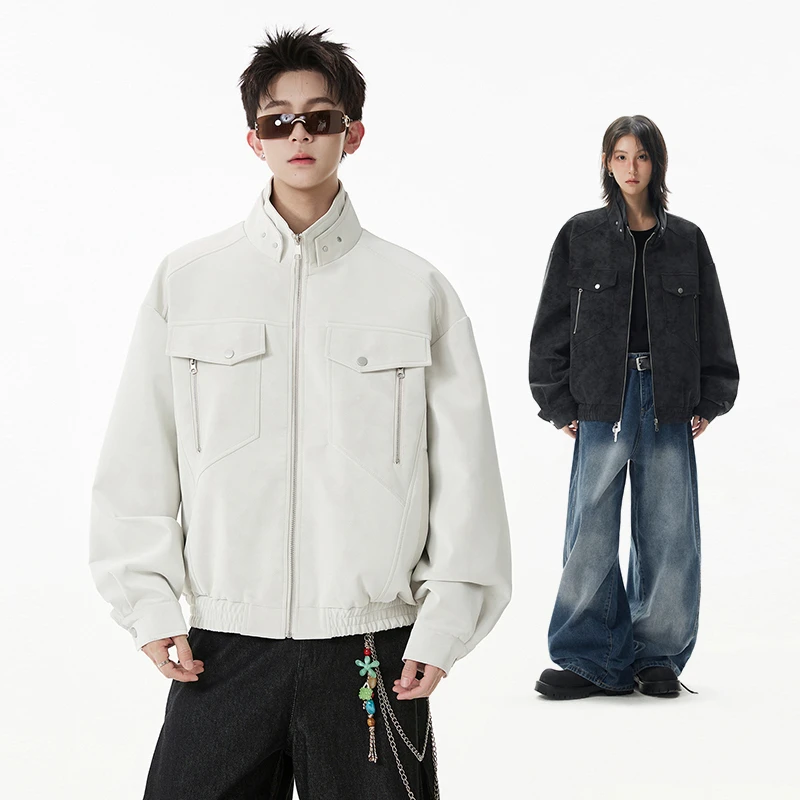 春秋皮衣男女同款立领休闲美式设计感扎染棒球服拉链复古保暖外套